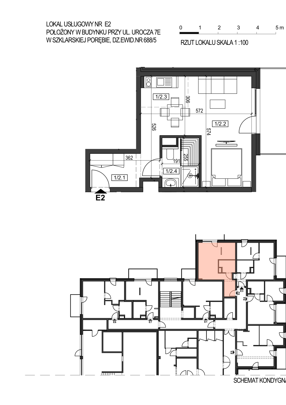 Rzut apartamentu E2 na parterze, 35,58 m kw